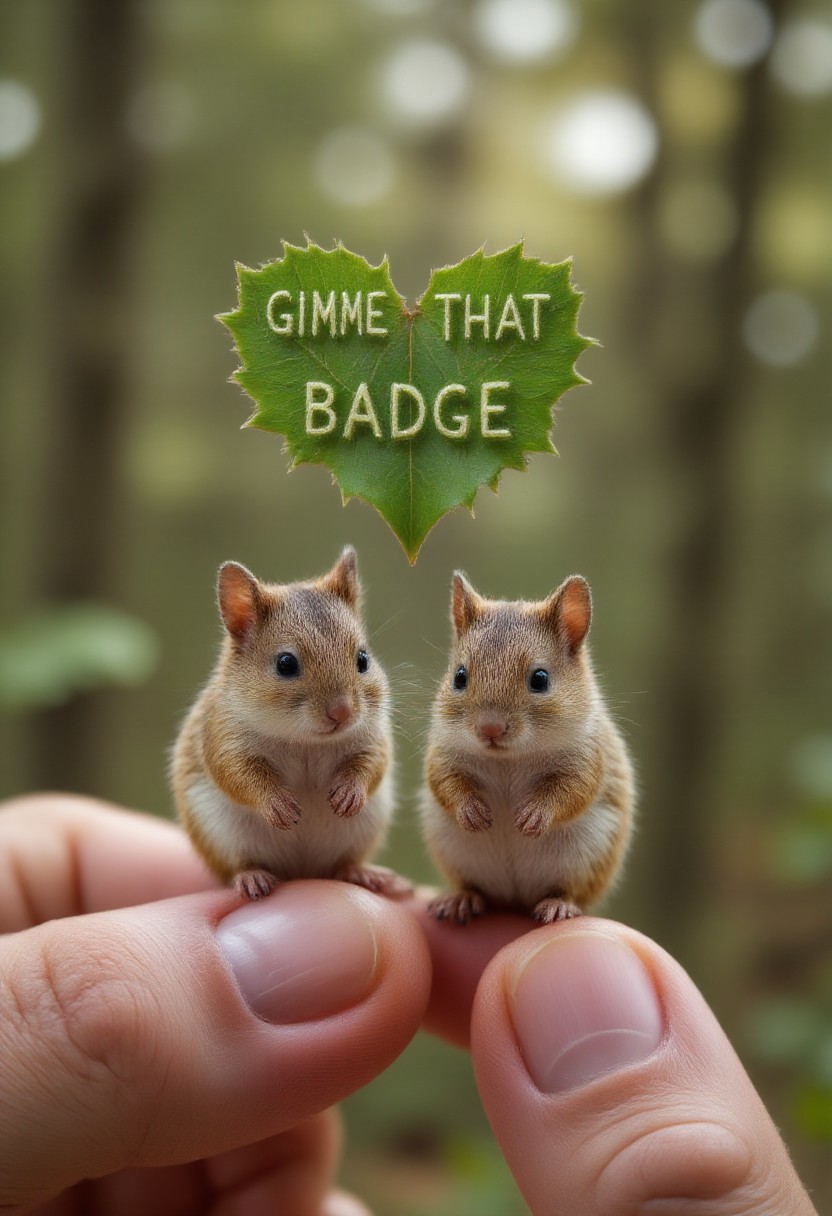 smolcute, tiny, green natural text above the image that says: "GIMME THAT BADGE". under a heart-shaped heart made of leaves there are two squirrels in the forest close to each other, professional photo, blurry soft background