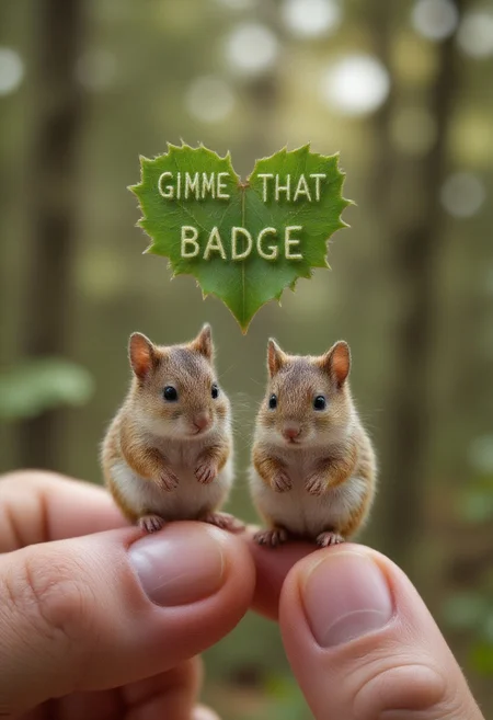 smolcute, tiny, green natural text above the image that says: "GIMME THAT BADGE". under a heart-shaped heart made of leaves there are two squirrels in the forest close to each other, professional photo, blurry soft background