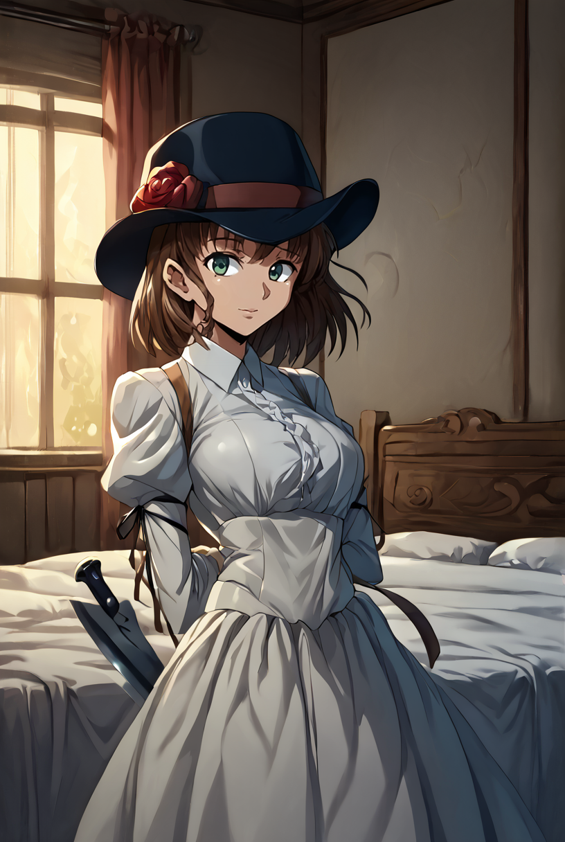 score_9, score_8_up, score_7_up,BREAK source_anime
masterpiece,8k,uncensored,(highres:1.3),high resolution, unity 8k wallpaper, detailed face, detailed CG, (perfect hands:1.5, perfect anatomy), (high quality, best quality) (curvy:1.2)(shiny skin:1.4) (oily skin:1.4)
evil smile, gesugao, shaded face, wide_smile,
bed, bedroom, downblouse,
standing, legs together, arm behind back, holding knife, on man,
 <lora:charlotte_corday:1>short hair, brown hair, braid, green eyes, hat, white shirt, long sleeves, ribbon, red flower, black flower, white skirt.     
 <lora:Code geass:1>