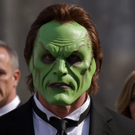 detailed high quality photo of a man with a (((green head))) and brown hair, the_mask, <lora:BigHeadMask_V1_Dorian_SDXL:0.6>