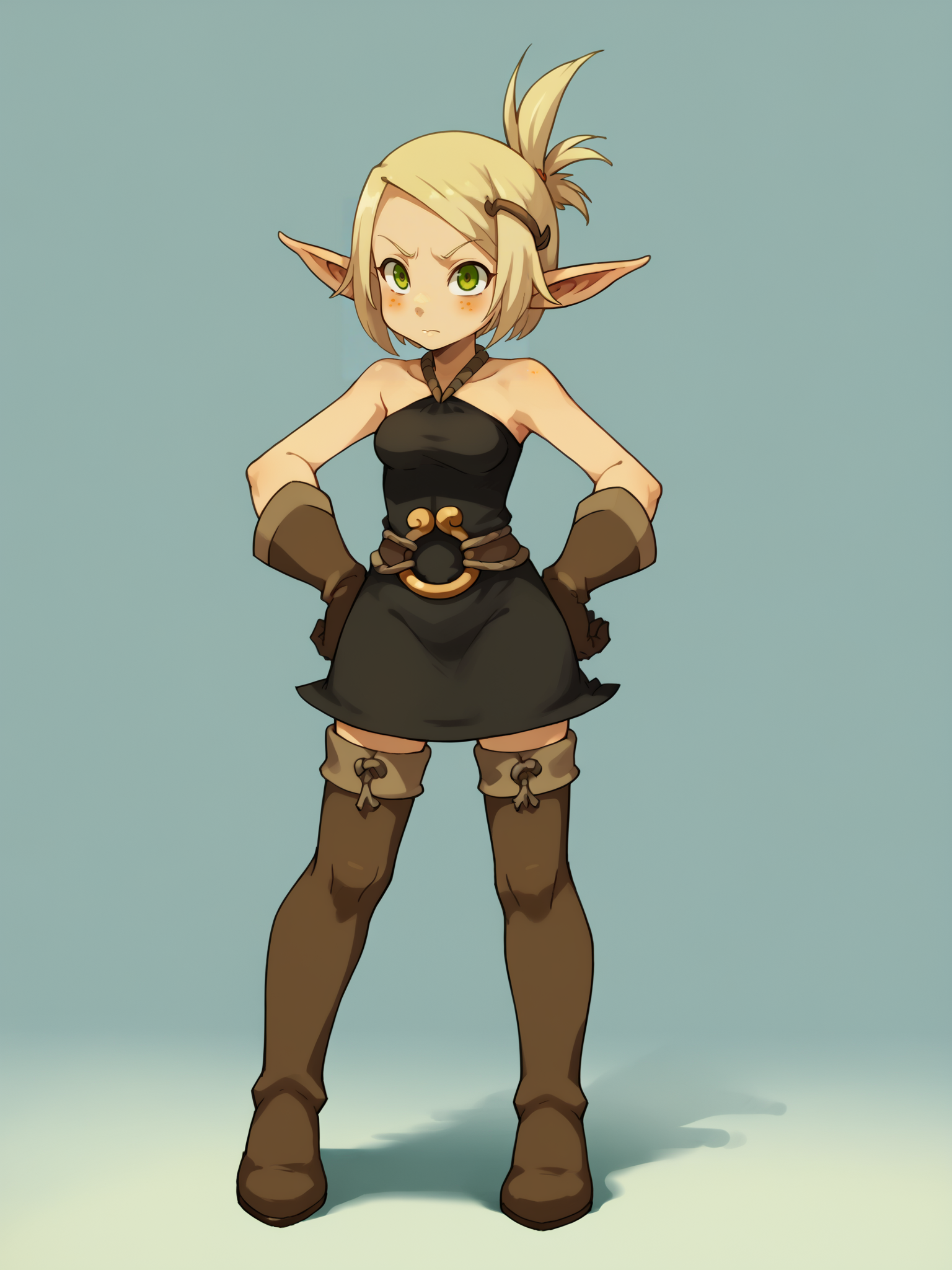 score_9, score_8_up, score_7_up, score_6_up, score_5_up, score_4_up, BREAK, source_cartoon, source_anime,  1girl, evangelyneyoung, blonde hair, hair ornament, green eyes, freckles, elf, bare shoulders, belt, dress, gloves, thigh boots, thighhighs,
hands on hips, full body, standing, solo, looking at viewer, simple background  <lora:EvangelyneXL:1>