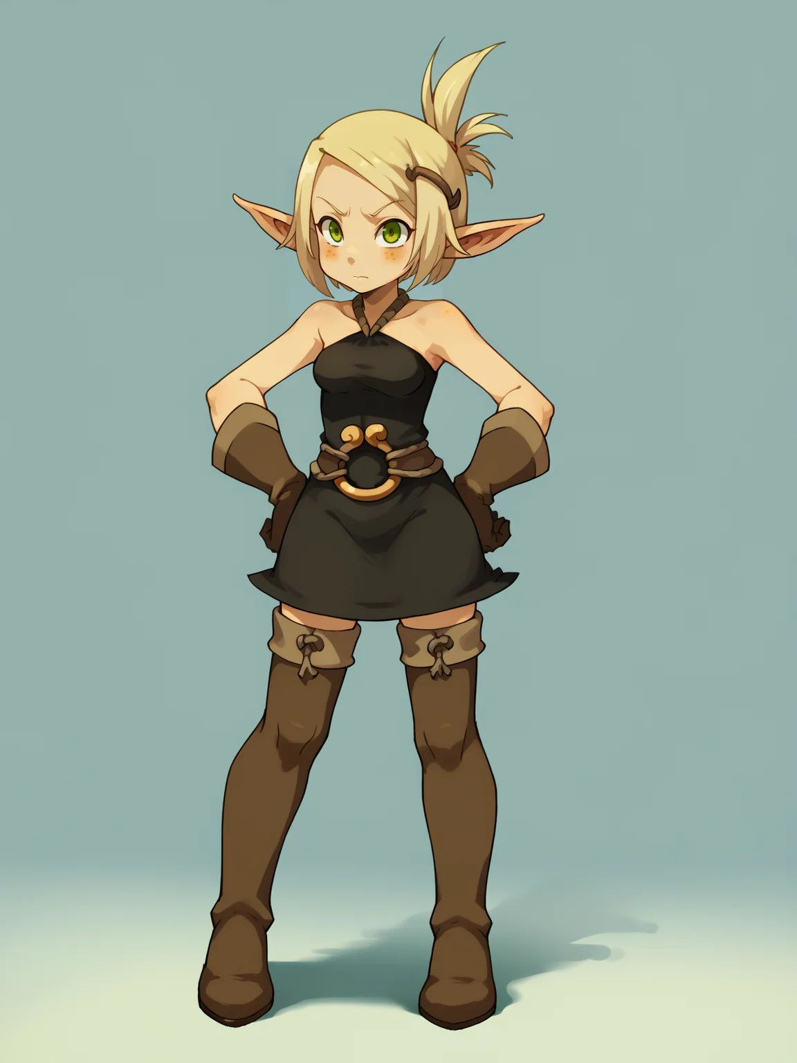 score_9, score_8_up, score_7_up, score_6_up, score_5_up, score_4_up, BREAK, source_cartoon, source_anime, 1girl, evangelyneyoung, blonde hair, hair ornament, green eyes, freckles, elf, bare shoulders, belt, dress, gloves, thigh boots, thighhighs,
hands on hips, full body, standing, solo, looking at viewer, simple background <lora:EvangelyneXL:1>