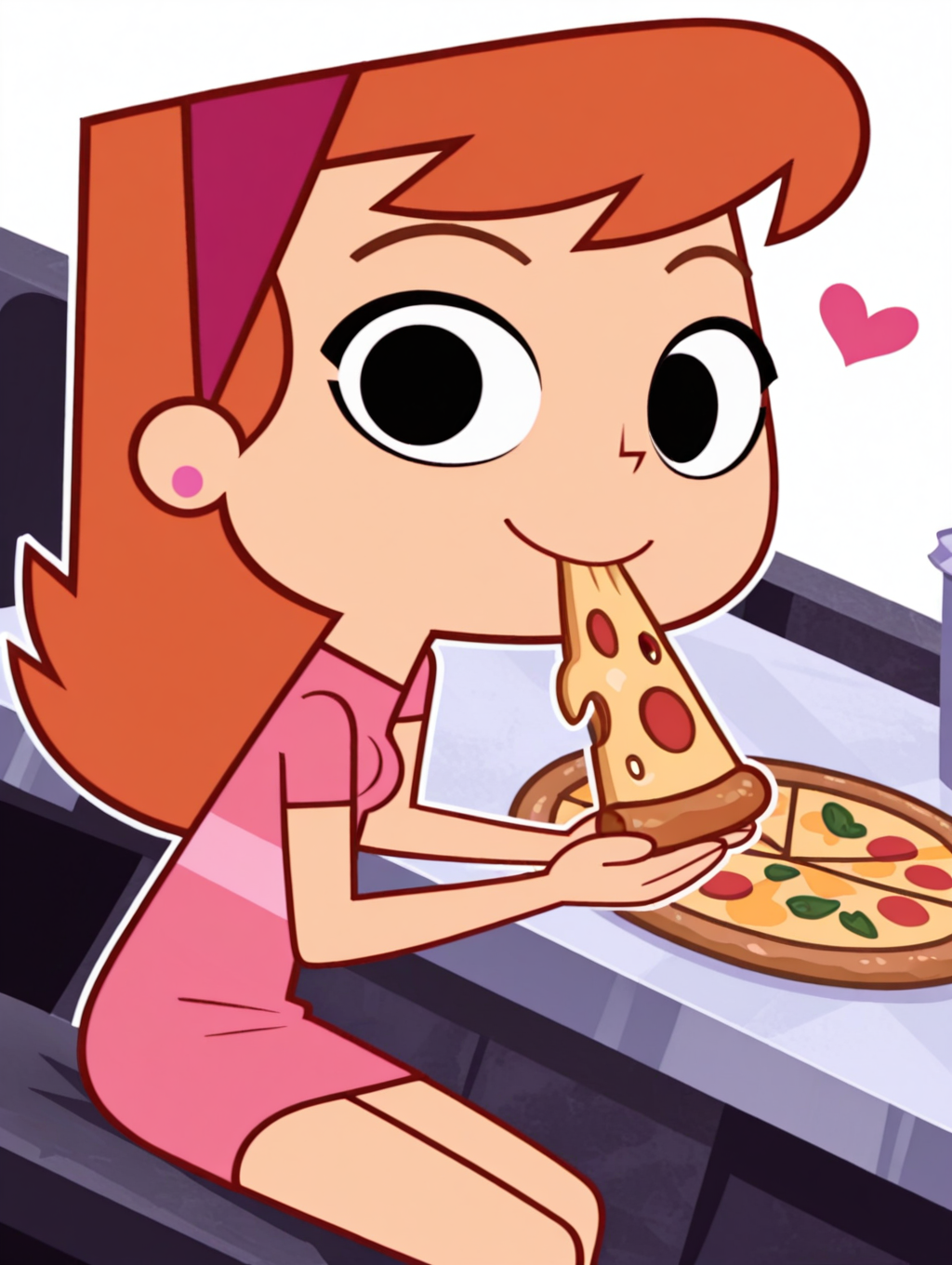 VanaGlamaZYN, 1girl, solo, hairband, dress, black eyes, jewelry, earrings, pink dress, orange hair, standing, long hair,  cowboy shot, looking at viewer, beautiful, ((beautiful face, beautiful eyes)), (smile, dutch angle,naughty pose, cute, sitting, eating, pizza, Cheese stretch, restaurant, looking at viewer, heart, petite, solo, dynamic pose, full_body, head tilt,),((white background, White frame, white outline)), from above,(((from side:1.5))),
