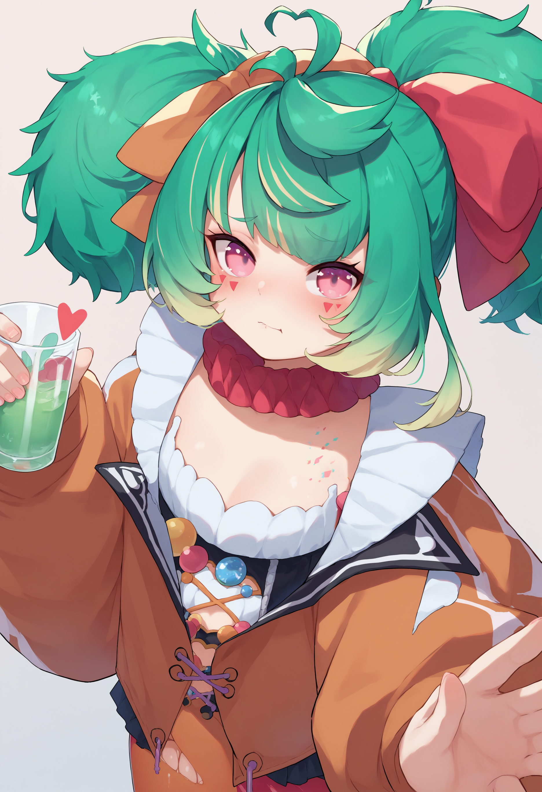 score_9, score_7_up, source_anime, uncensored, 1girl, 
 <lora:spconiConfettiXLPony:1> conidef, green hair, twintails, multicolored hair, heart ahoge, pink eyes, facial mark, hair ribbon, hair bow, jacket, multicolored clothes, pantyhose, torn clothes, in cup