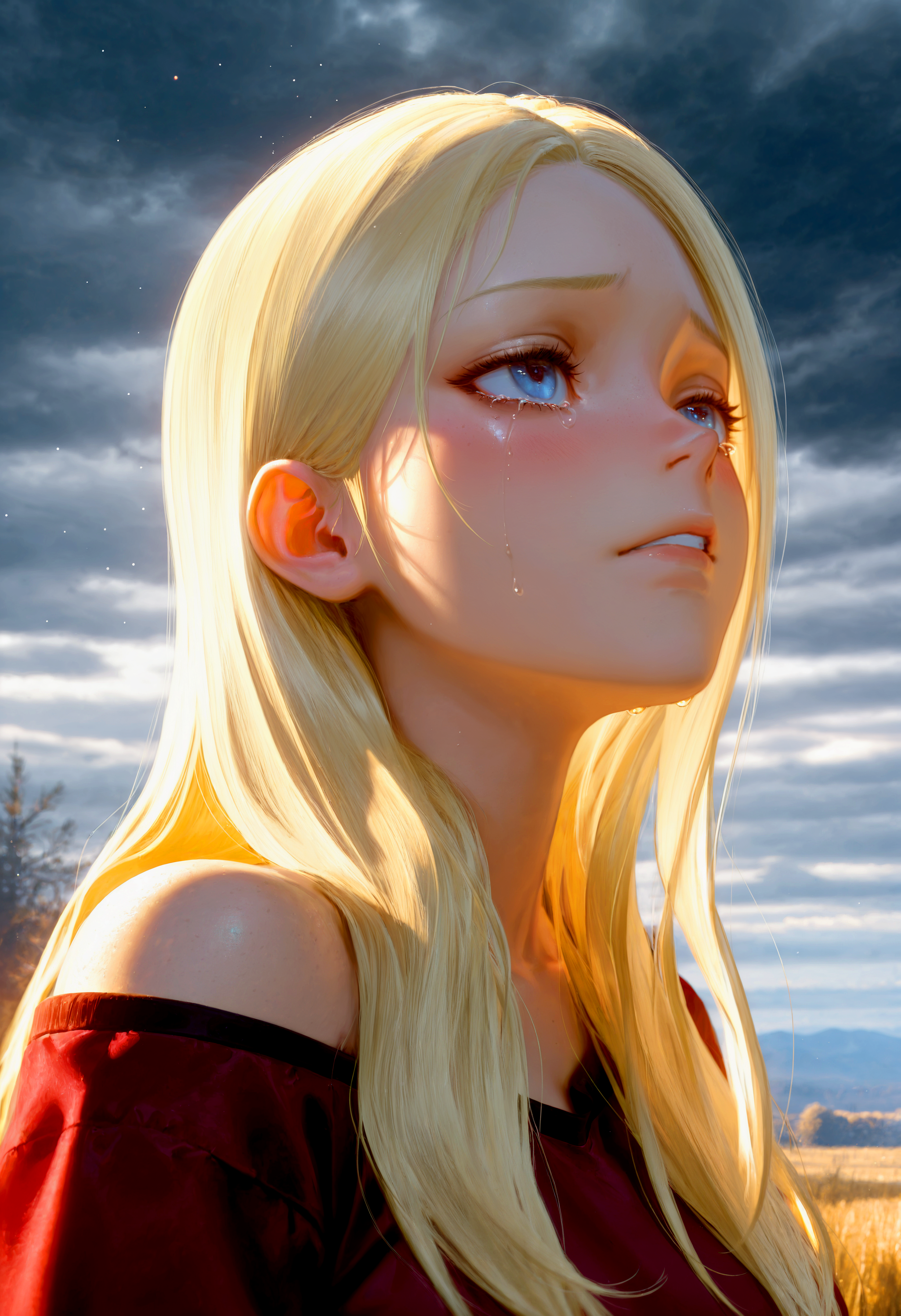 HDR, 8K, high contrast, masterpiece, best quality, amazing quality, very aesthetic, superabsurd res, high resolution, ultra-detailed, absurdres, newest, scenery, (horikoshi kouhei:0.3), (quasarcake:0.3), (wlop:0.3), chiaroscuro, solo, close up, tm_alyvia, 1girl, blue eyes, blonde hair, huge breasts, long hair, upper body, blush, crying, tears, melancholy, half closed eyes, looking up, portrait, bare shoulder, heaven, dark sky, overcast, fog, BREAK, photorealistic, beautiful detailed eyes, detailed skin, detailed hair, volumetric lighting, dappled light, light particles, dramatic shadows, cinematic lighting, photo background, depth of field, <lora:ponyxl\cfg_scale_boost:0.7> <lora:IL\KMS_TM_Alyvia_IL:0.7>