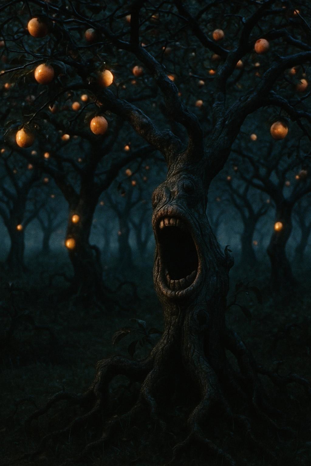The Mawfield Orchard a grove of twisted fruit trees whose trunks are ringed with gaping mouths. The fruit is sweet and glows softly, but the mouths whisper apologies from voices you recognize, though no one else is there. live action 80's dark fantasy vhs still, , Grindhouse Gothic Pop-Noir aesthetic, no text