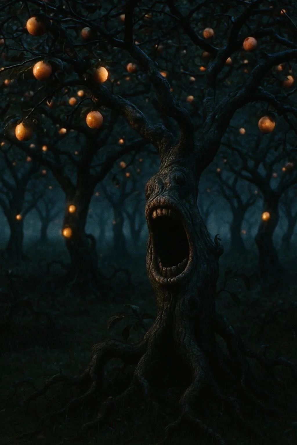 The Mawfield Orchard a grove of twisted fruit trees whose trunks are ringed with gaping mouths. The fruit is sweet and glows softly, but the mouths whisper apologies from voices you recognize, though no one else is there. live action 80's dark fantasy vhs still, , Grindhouse Gothic Pop-Noir aesthetic, no text