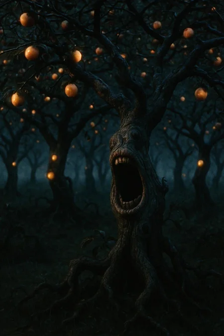 The Mawfield Orchard a grove of twisted fruit trees whose trunks are ringed with gaping mouths. The fruit is sweet and glows softly, but the mouths whisper apologies from voices you recognize, though no one else is there. live action 80's dark fantasy vhs still, , Grindhouse Gothic Pop-Noir aesthetic, no text
