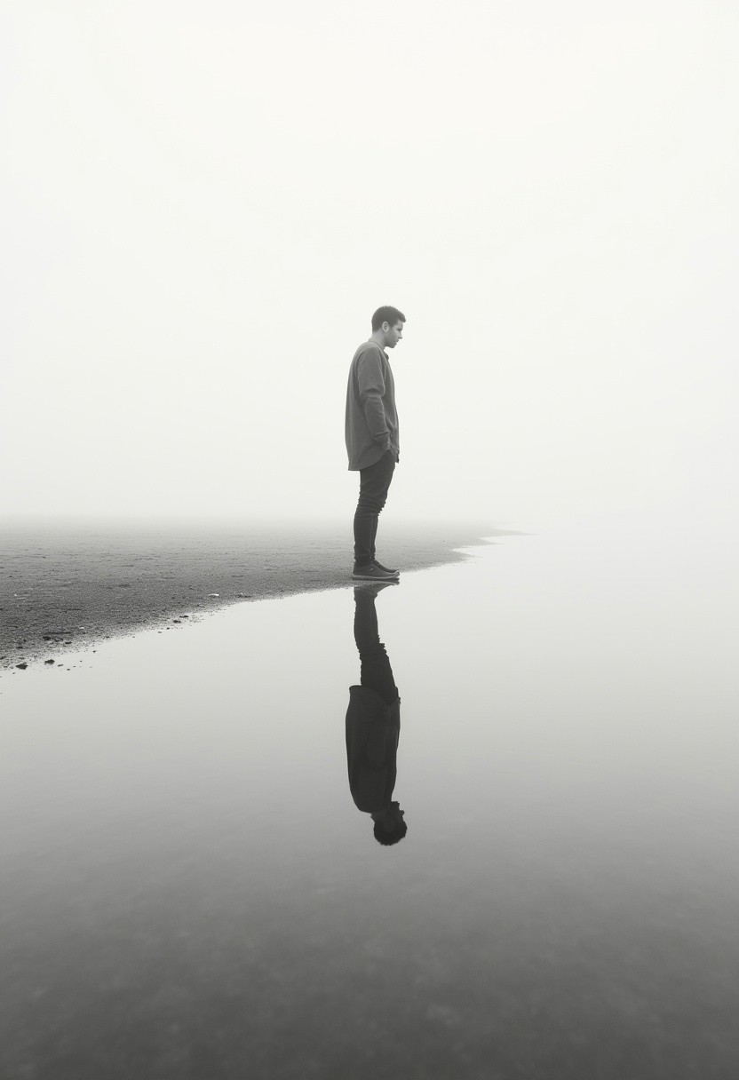 lone figure standing at the edge of a still water body, perfectly reflected below, the reflected figure is violently expressed in black ink, almost symmetrical visual, surrounded by a vast, empty space that evokes a sense of isolation and introspection, all muted monochrome tones