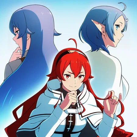 masterpiece, best quality, <lora:age_slider_v4:4>,detailed_background,outdoors,ahoge,3girls,brown jacket,white capelet,hand on own chin,blue hair,grey shirt,small breasts,pointy ears,multiple girls,from behind,absurdres,hands up,eyebrows hidden by hair,hair between eyes,sylphiette \(mushoku tensei\),black hairband,bb uudd,highres,roxy migurdia,elf,light blush,very long hair,long hair,white dress,shirt,eris greyrat,red eyes,upper body,breasts,fur-trimmed jacket,red hair,fur trim,hairband,capelet,flat chest,dress,jacket,playing with own hair,mushoku tensei,looking at viewer,closed mouth,medium hair