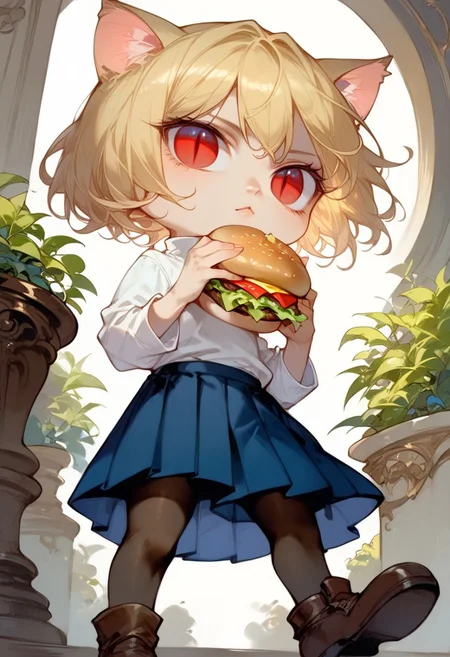 ng_deepnegative_v1_64t, score_9, score_8_up, score_7_up, Expressiveh, solo, very detailed, art nouveau background, high quality, necoarc, blonde hair, red eyes, slit pupils, cat ears, :3, chibi, holding burger, turtleneck, white shirt, blue skirt, pleated skirt, pantyhose, brown footwear, dynamic angle