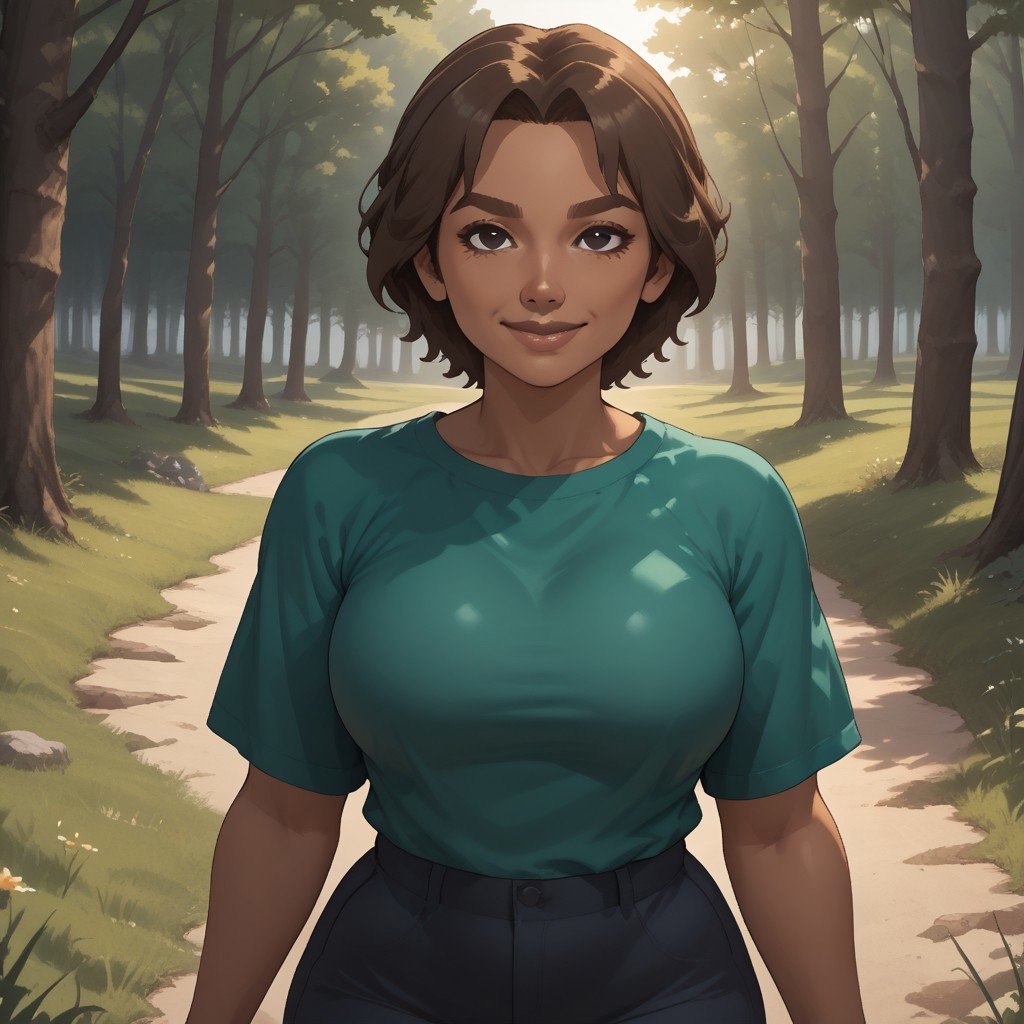 score_9, score_8, BREAK, solo, wii, mii, wii sports, 1girl, female mii, brown hair, black eyes, brown eyebrows, brown lips, lipstick, plump, dark skin, dark green clothing, black pants, shoes, nintendo mii, modern_mii, classic_mii, big breasts, Delilah_(Wii_Sports), sexy pose, self portrait, smile, outdoors, sunlight, shadows, evening lighting, natural lighting, forest, trees, grass, orange sky, sunset