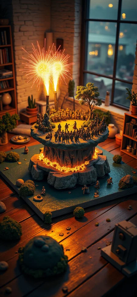 (indoor,very wide isometric view,tilt-shift lens:1.6), (windowless,fna_style,miniature,miniature,diorama,miniature,diorama,PVC,plastic:2),sunset desert,ruins,led with fiber lights,fireworks,concert with crowded at (floating island,levitating island:1.5) on (table:2) at (attic:2.5) <lora:Diorama_Flux:1>
<lora:Fantasy_Novel_Art_Style:1>