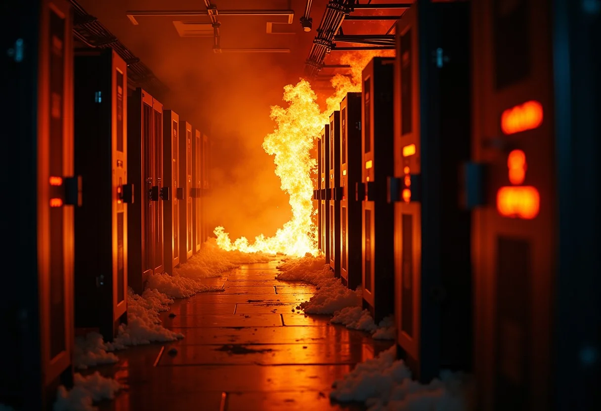 A Server Room on fire. The fire creates the following phrase "IT'S OVER 9000 °C!!!"