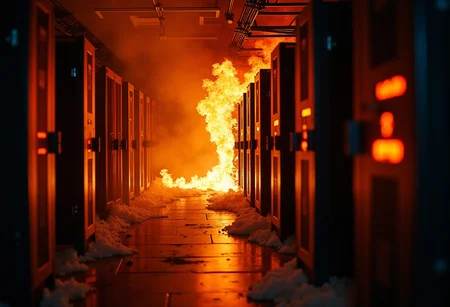 A Server Room on fire. The fire creates the following phrase "IT'S OVER 9000 °C!!!"