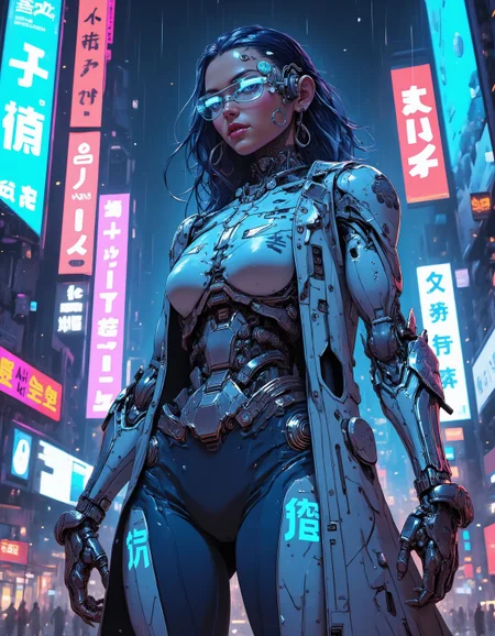 neonpunk, A striking upper portrait of a cyberpunk girl standing confidently, looking to the side, provocative posing, the neon glow of holographic billboards and advertisements illuminating her sleek silhouette. Her body is a masterful fusion of organic beauty and advanced cybernetic enhancements. Metallic implants run down her arms and legs, glowing softly with energy beneath her smooth, translucent skin, giving her an almost ethereal presence in the urban sprawl. Her hair is jet black, threaded with neon blue fiber optics. Her eyes, augmented with data-processing lenses, flicker as she scans her surroundings, and beneath her coat, a powerful exoskeleton glows faintly, augmenting her movements for agility and speed. The rain falls lightly, bouncing off her chrome armor, reflecting the vibrant city lights. <lora:CPA:1>  <lora:BLUE_mk4_angel_FLUX_01:0.6>  <lora:ck-Neon-Retrowave:0.2>