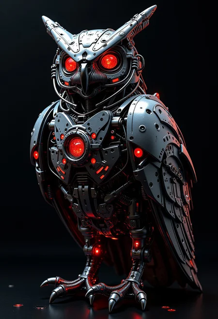 inksketch, silhouette art, chiascuro, cyberpunk, a_skynet_cyberdyne_systems_craft, the image is featuring mechanical owl, adorned with intricate, metallic details, including bolts, wires, and mechanical components, giving it a highly advanced, industrial look, with glowing red diodes and LEDs, against a dark background, directional lighting
