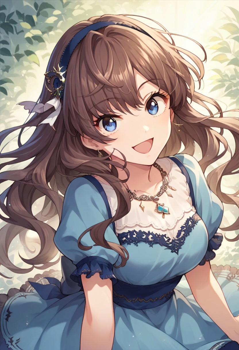 score_9, score_8_up, score_7_up, source_anime,ichinose shiki, long hair, brown hair, blue eyes, 1girl, solo, hairband, dress, jewelry, smile, necklace, open mouth, looking at viewer, blue dress