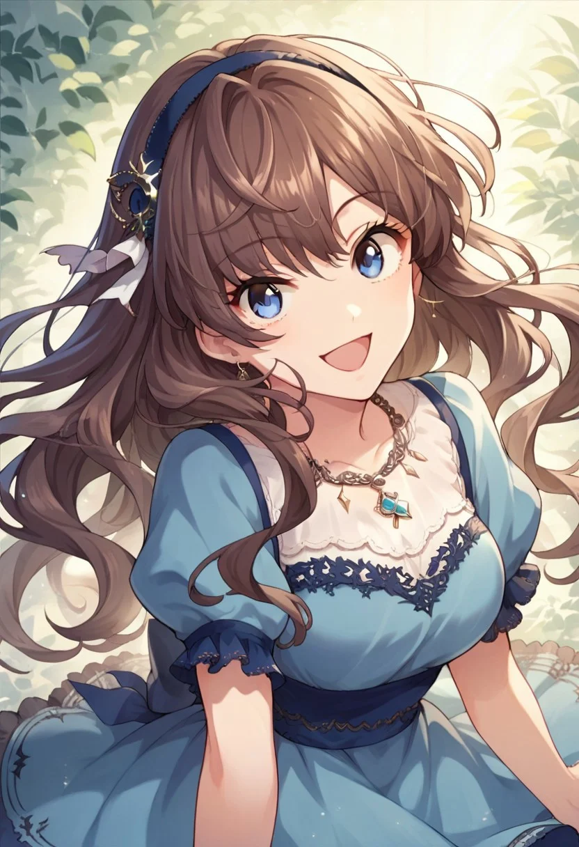 score_9, score_8_up, score_7_up, source_anime,ichinose shiki, long hair, brown hair, blue eyes, 1girl, solo, hairband, dress, jewelry, smile, necklace, open mouth, looking at viewer, blue dress
