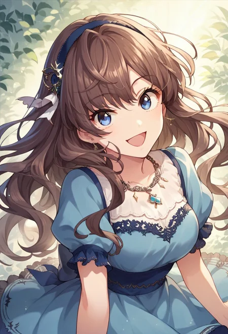 score_9, score_8_up, score_7_up, source_anime,ichinose shiki, long hair, brown hair, blue eyes, 1girl, solo, hairband, dress, jewelry, smile, necklace, open mouth, looking at viewer, blue dress