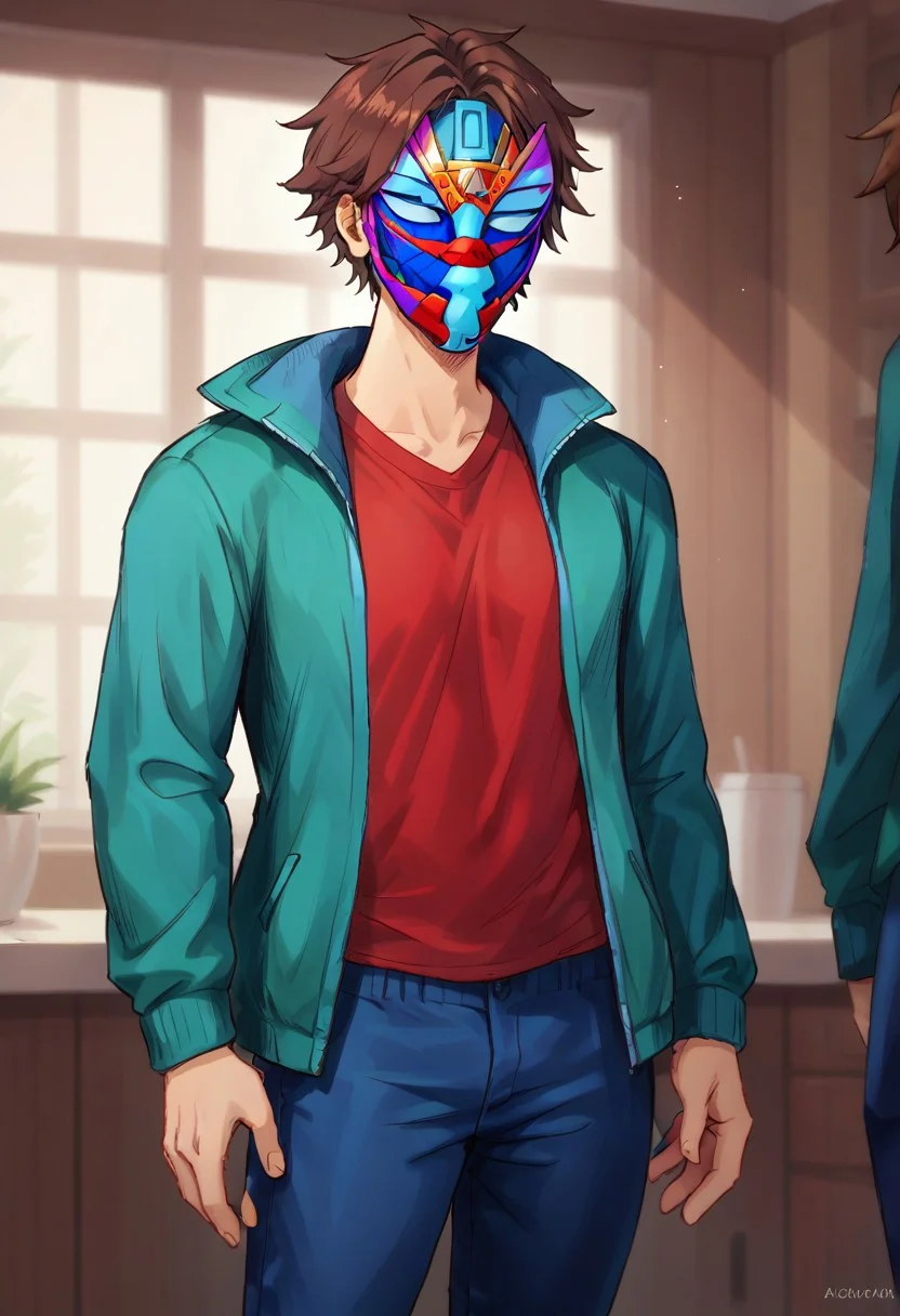 score_9, score_8_up, score_7_up, 1 boy, male, mask, brown hair, green jacket, red t-shirt, blue pants, standing, no eyes