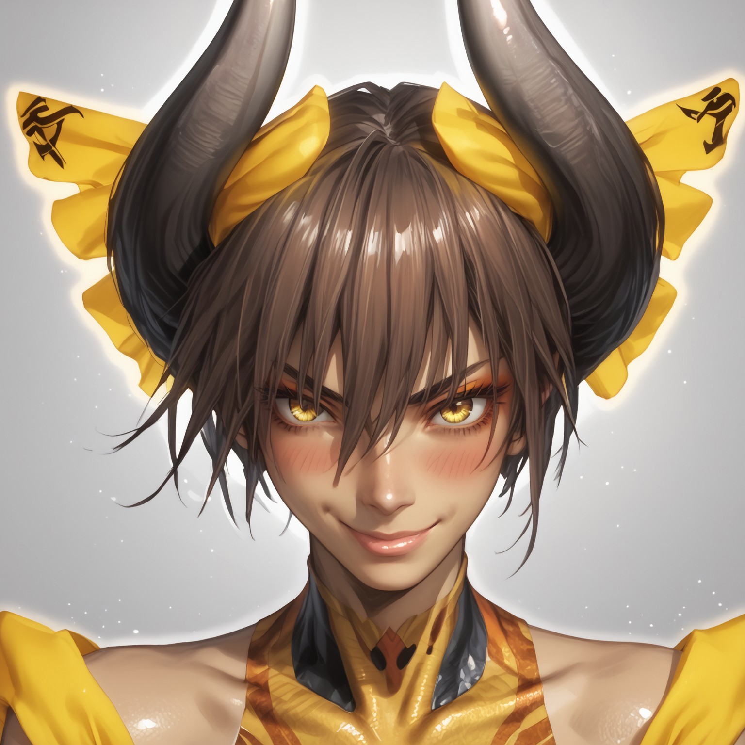 safe_pos, safe_pos, safe_pos, safe_pos, safe_pos, score_9, score_8_up, score_8, score_7_up, score_7, ExpressiveH,
BREAK
1girl, solo, Tatanka, monster girl, dark-skinned female, horns, yellow veil, short hair, brown hair, yellow eyes, bare shoulders, seductive look, aroused, horny, standing, oiled skin, hand in hair, looking at viewer, lips parted, blushing, mischievous smile BREAK