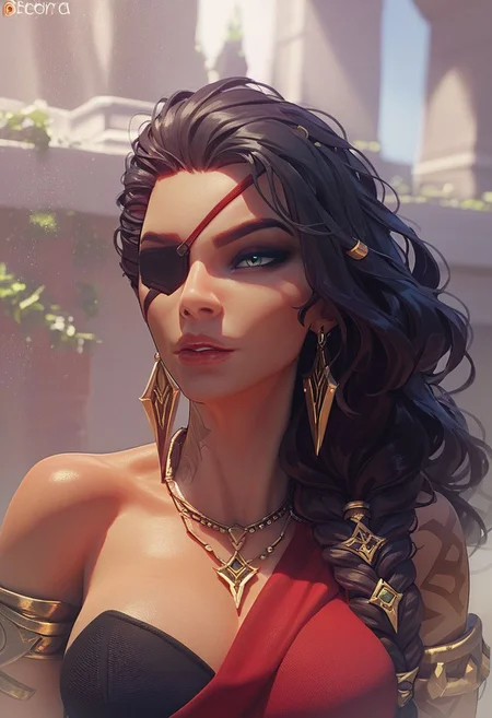 score_9, score_8_up, score_7_up, score_6_up, score_5_up, score_4_up, ,(8k uhd, masterpiece, best quality, high quality, absurdres, ultra-detailed), Samira, League of Legends, FEMALE, WOMAN, eyepatch