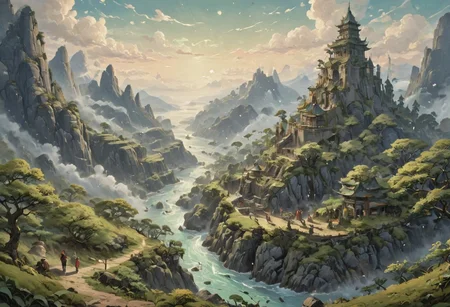 (Ink illustration on parchment, watercolor, ink splashes, Ukiyo-E). ((watercolor)), ((Chinese landscape)), Pagodas, Palace, City, Verdant Green Forest, Green Trees, landscape focus, small figure off-side, Chinese Mountains with Vines, Rivers, Clouds, with watercolor washes, (((bright green foliage))), lush foliage, endless karth mountains that stretch outward to the horizon, a lone woman traversing the landscape!! wearing a bright blue cloak to make the miniscule figure stand out in a landscape dotted with the ruins of an ancient destroyed civilisation, crumbling stone, degraded buildings and temple, a long magical aurora borealis stretching across the sky, a broken moon high in the sky partially turned into an asteroid belt, a Saturn-like ringed-planet world, flickers of magical energy illuminating the land, in the far distance a giant wall of smoke is rising from the shattered earth in which a multitude of faces are forming and screaming, Ink splashes, rough ink sketch, Ghibli style, high contrast, stylized, dark skin, close up on face, head and shoulder, leather medieval top with lowered hood, Art Nouveau Style, detailxl, BadDream, dioramas,