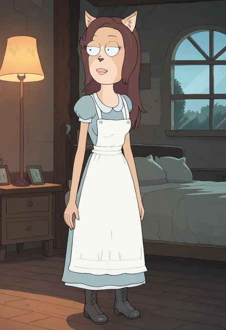 score_8, score_8_up, score_7_up, 1girl, female focus, Solo, furry, Arthricia_RaM, feline, cat nose, pointed ears, cat ears, light brown fur, darker brown hair, hair flowing, light blue dress, white apron, long black boots, full body, indoors, bed, bedroom, nightstand, lamp, window, smile, standing, open eyes
