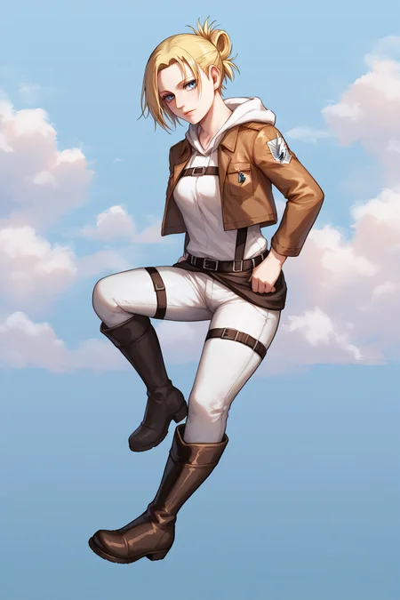 score_9, score_8_up, score_7_up, BREAK source_anime, <lora:annie leonhardt-PonyXL-lora-Faxtron:0.8> annie leonhardt, single hair bun, white hoodie, open cropped brown jacket, white pants, survey corps \(emblem\), boots,