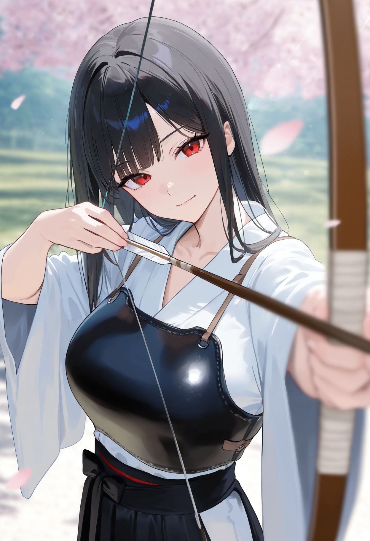 masterpiece,best quality,amazing quality,newest,absurdres,highres, newest,very awa, scenery,  anime,flat color,
(dutch angle),(close up),
1girl, beautiful face, perfect eyes, detailed eyes,mature female,slim body,
black hair,long hair, straight hair,blunt bangs,
 red eyes,head tilt,looking at viewer, 
light smile,
large breasts, collarbone, 
white kimono,black hakama,archery, 
drawing bow,black leather breastplate, yumi \(bow\), arrow \(projectile\), 
cherry blossoms, falling petals, 
depth of field,volumetric light,(blurry background:1.2), ,shadow,  photo background,blurry foreground,sunlight, light rays, lens flare, bokeh