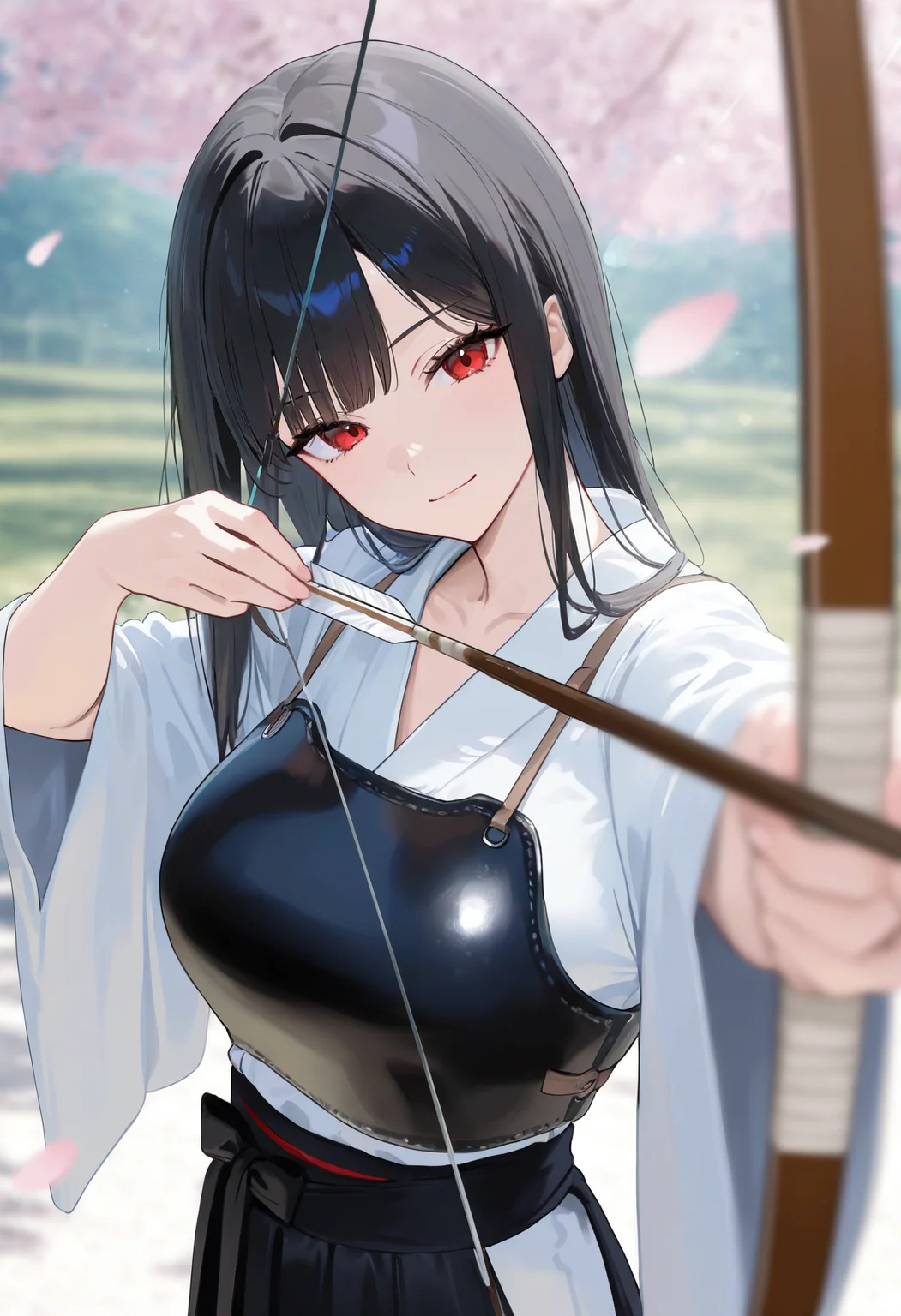 masterpiece,best quality,amazing quality,newest,absurdres,highres, newest,very awa, scenery, anime,flat color,
(dutch angle),(close up),
1girl, beautiful face, perfect eyes, detailed eyes,mature female,slim body,
black hair,long hair, straight hair,blunt bangs,
red eyes,head tilt,looking at viewer,
light smile,
large breasts, collarbone,
white kimono,black hakama,archery,
drawing bow,black leather breastplate, yumi \(bow\), arrow \(projectile\),
cherry blossoms, falling petals,
depth of field,volumetric light,(blurry background:1.2), ,shadow, photo background,blurry foreground,sunlight, light rays, lens flare, bokeh
