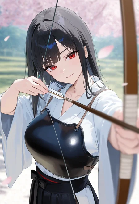 masterpiece,best quality,amazing quality,newest,absurdres,highres, newest,very awa, scenery,  anime,flat color,
(dutch angle),(close up),
1girl, beautiful face, perfect eyes, detailed eyes,mature female,slim body,
black hair,long hair, straight hair,blunt bangs,
 red eyes,head tilt,looking at viewer, 
light smile,
large breasts, collarbone, 
white kimono,black hakama,archery, 
drawing bow,black leather breastplate, yumi \(bow\), arrow \(projectile\), 
cherry blossoms, falling petals, 
depth of field,volumetric light,(blurry background:1.2), ,shadow,  photo background,blurry foreground,sunlight, light rays, lens flare, bokeh