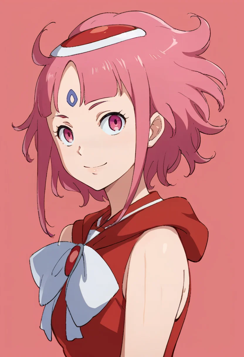 score_9,score_8_up,score_7_up,anime coloring BREAK source_anime,anime,<lora:Noredo_Nug_Pony:0.8>,noredo,1girl,solo,pink eyes,pink hair,short hair,forehead mark,hair ornament,cheerleader,kind_smile,multicolored background,looking at viewer,upper body,