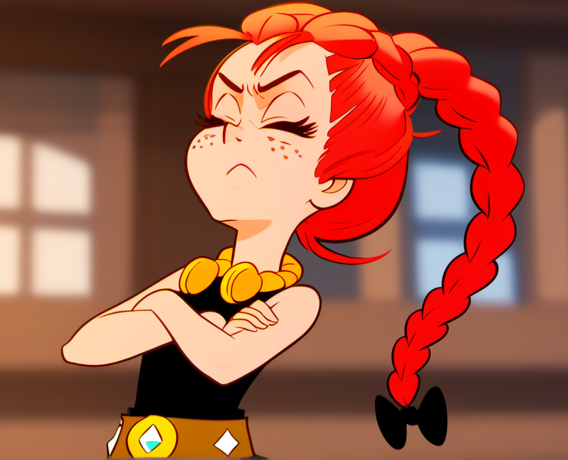 solo, 1girl, adren2, braid, freckles, frown, long hair, red hair, single braid, sleeveless, neck jewellery, closed eyes, crossed arms, belt, hair bow, head up, blurry background, village, <lora:adren2-000010:1>,