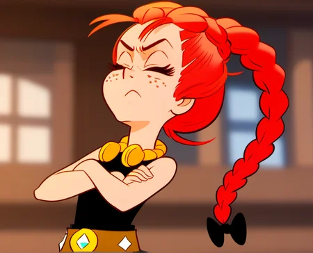 solo, 1girl, adren2, braid, freckles, frown, long hair, red hair, single braid, sleeveless, neck jewellery, closed eyes, crossed arms, belt, hair bow, head up, blurry background, village, <lora:adren2-000010:1>,
