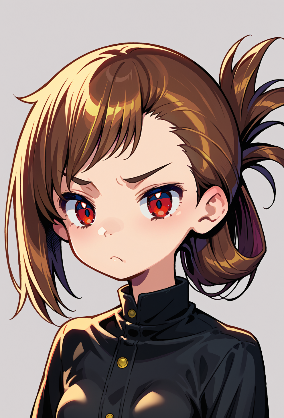 score_9, score_7_up, source_anime, BREAK   <lora:Gyokai:1>, frown, 1girl, red eyes, tsurime, brown hair, medium hair, asymmetrical bangs, swept bangs, flipped hair, folded ponytail, small breasts,