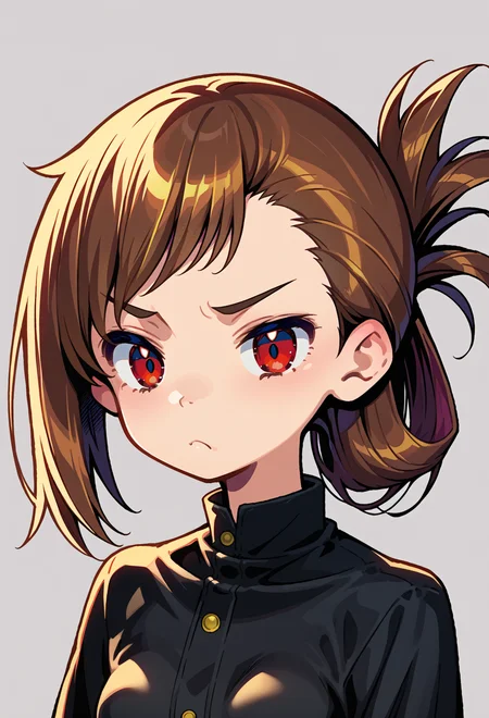 score_9, score_7_up, source_anime, BREAK <lora:Gyokai:1>, frown, 1girl, red eyes, tsurime, brown hair, medium hair, asymmetrical bangs, swept bangs, flipped hair, folded ponytail, small breasts,