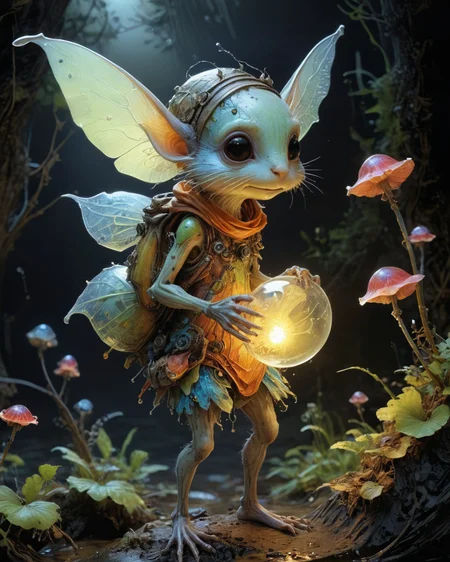 bioengineered pixie, colorful organic bioluminescent patterns, full body, outdoors, hauntingly beautiful, hyperrealistic, ultra resolution, professional photo, Jean-Baptiste Monge Style page scan from comic book <lora:add-detail-xl:0.8> <lora:xl_more_art-full_v1:0.5> <lora:Jean-Baptiste Monge Style:1>