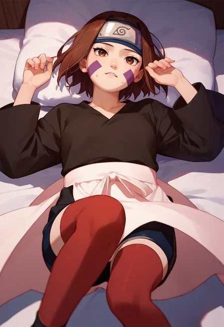 score_9, score_8_up, score_7_up, source_anime, 1girl, nohara rin, short hair, brown hair, brown eyes, purple facial mark, black shirt, long sleeves, white apron, black shorts, forehead protector, red thighhighs, on back, <lora:Nohara Rin 1 rep-000010:1>