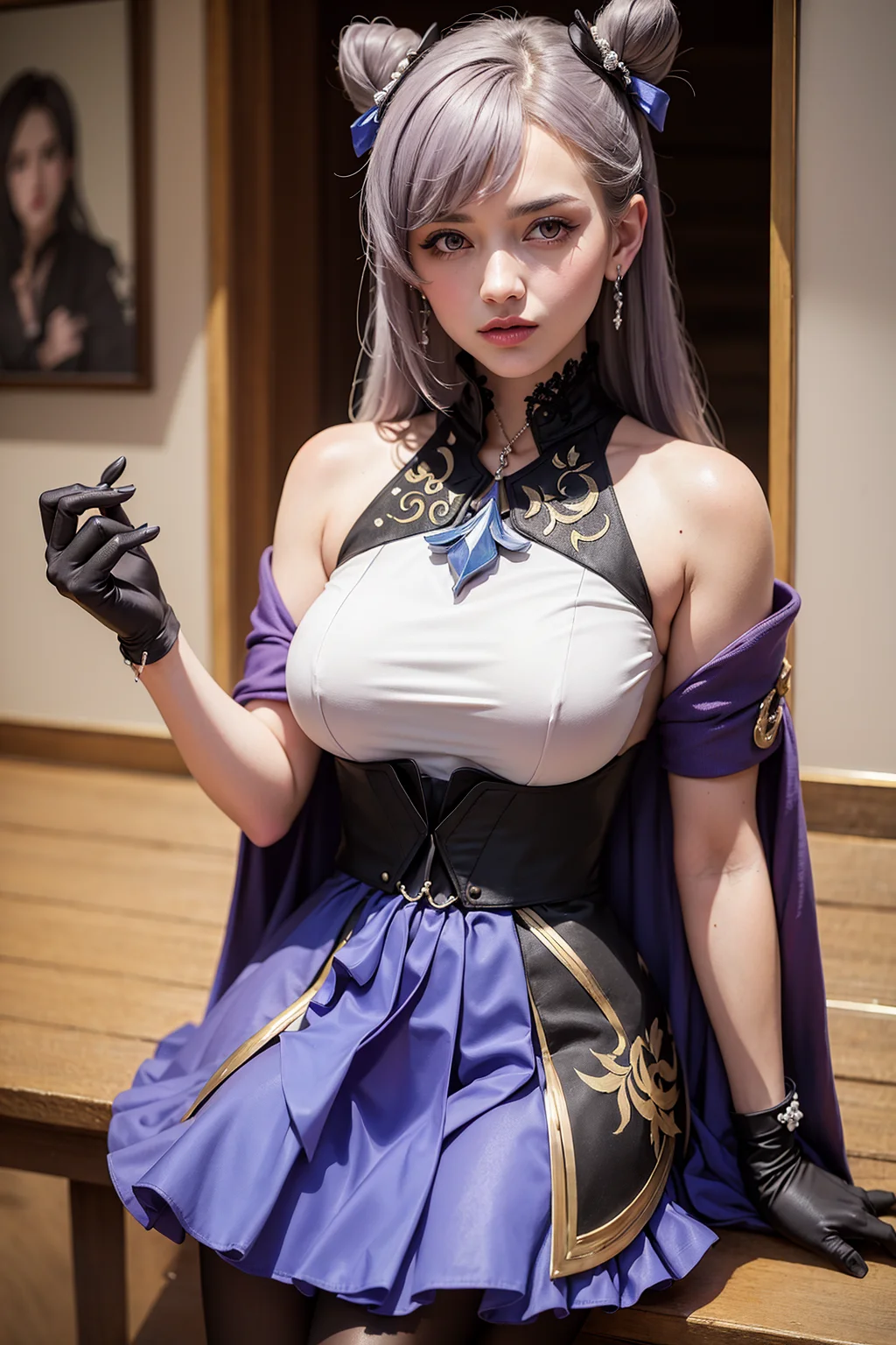 (Realistic painting style:1.0), masterpiece, best quality,  absurdres, looking at viewer, solo, keqing (piercing thunderbolt) (genshin impact), keqing (genshin impact), pantyhose, hair bun, purple hair, gloves, twintails, long hair, purple eyes, diamond-shaped pupils, bare shoulders, hair ornament, black pantyhose, cone hair bun, detached sleeves,dress, jewelry, large breasts, earrings, bangs, frills, purple dress, black gloves, braid, skirt,<lora:keqingGenshinImpact3in1_v10:0.8>