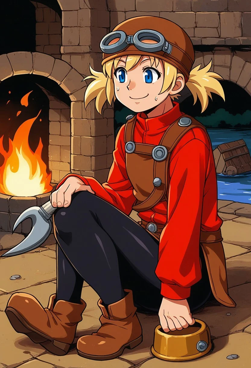 score_9, score_7_up, source_anime, BREAK solo, <lora:Pratty_XL:1> Pratty, blue eyes, short hair, light blonde, short twintails, hair through headwear, goggles, brown headwear, red shirt, short over long sleeves, black long sleeves, red skirt, black pantyhose, leather breastplate, brown footwear, smile, sweat, smith, furnace, smithing, crafting, fire, river, mill