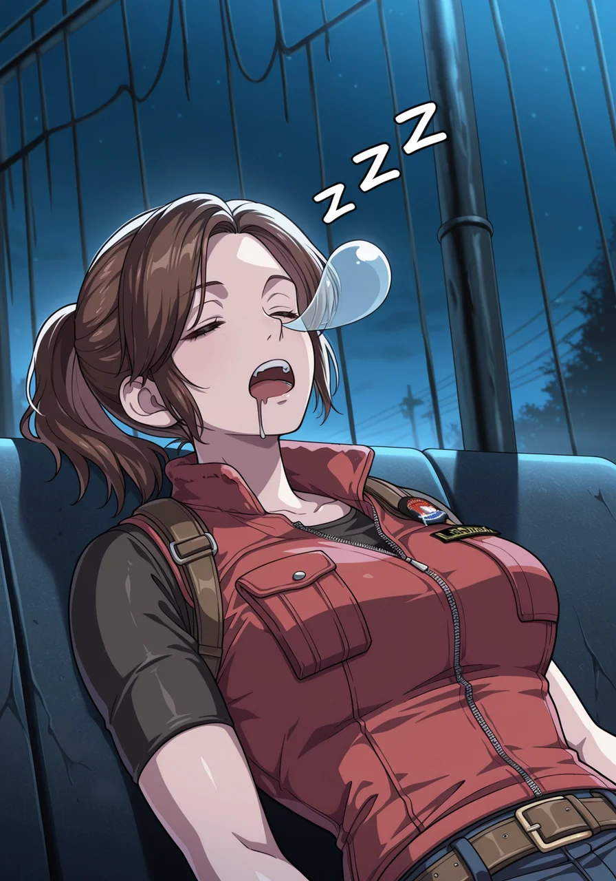 embedding:IllusP0s, nose bubble, sleeping, drooling, zzz 1girl, claire redfield_\(resident evil\), night, solo<lora:nose_bubble_ill.safetensors:1:1>