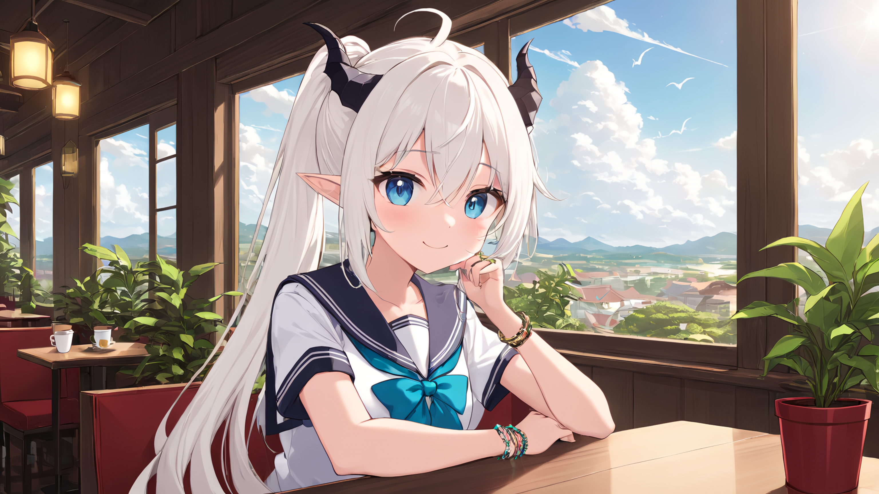 (masterpiece),(highest quality),highres,(an extremely delicate and beautiful),(extremely detailed),
1girl, dragon wings, dragon horns, dragon tail, solo, horns, blue eyes, looking at viewer, cup, wings, indoors, short sleeves, sitting, bracelet, long hair, shirt, white shirt, pointy ears, bangs, ponytail, plant, window, jewelry, closed mouth, dragon horns, cafe, day, disposable cup, potted plant, white hair, serafuku, cloud, hair between eyes, sky, sailor collar, blush, dragon girl, school uniform, table, scenery, demon wings, sidelocks, upper body, looking to the side, smile
BREAK
A dragon girl with white hair and blue eyes sits alone in a cozy cafe. She has pointy ears, dragon horns, and demon wings folded behind her. Wearing a white serafuku with a sailor collar, she smiles softly while looking to the side, as if lost in thought. Her long hair is tied in a ponytail, with bangs neatly framing her face and sidelocks hanging down. She holds a disposable cup in her hand, and a potted plant decorates the table. The window behind her reveals a cloudy sky, and her various pieces of jewelry, including a bracelet, glint subtly in the daylight.