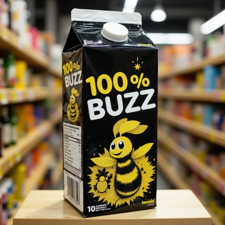 Product photography, a real photo of a tetrapak milk carton, on the milk carton the text â100% BUZZâ is prominently displayed, below the text there is a cartoony symbol of a black and yellow bee, the bee seems happy, the color scheme of the milk carton is black and yellow matching the bee symbol, the milk carton is in the shelf of a supermarket.
This is a flawless photo, an uncompressed ultra-high-quality 4k RAW photo taken with a professional camera. <lora:aidmaFLuxPro1.1_v0.3:1>