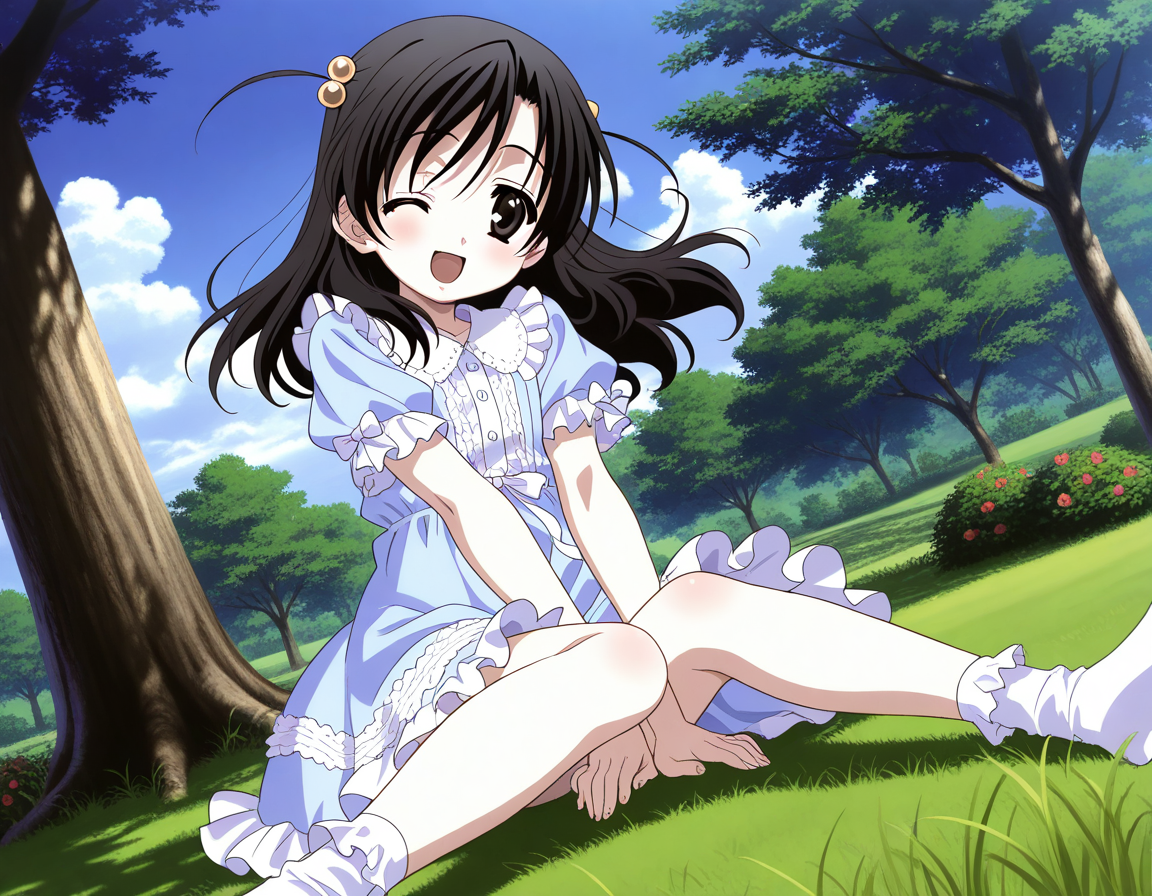 general,highres, ultra-detailed,very aesthetic,best quality ,best hands,  BREAK <lora:Katsura_Kokoro_IS:1>ãKatsura_Kokoro, 1girl, black hair, hair ornament, hair bobbles, black eyes, flat chest, long hair,
one eye closed, dress, sitting, frills, open mouth, smile, looking at viewer, short sleeves, ;d, socks, frilled dress, 
grass, tree, sky,