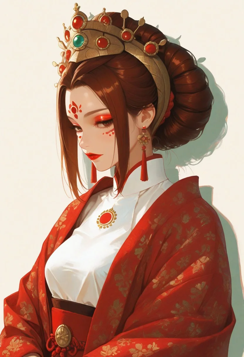 masterpiece, best quality, highly detailed, score_9, score_8_up, score_7_up, score_6_up, dramatic lighting, shadows, dynamic posture, sexy attire, seductive,
1girl, breasts, solo, ((Padmé Amidala:1.2)), Stylized illustration fair porcelain skin, flowing garment, patterned shawl, traditional head covering, Crown, Lipstick, white face makeup, geisha inspired make-up, vertical red lipstick line,
serene expression, big brown eyes, brown hair, smooth hairstyle, goldearring, (Single:1.2 red dot) on both cheeks, complexe hairstyle,
creamy beige tones, white and red hues, geometric patterns, starwars alaphabeth, decorative look,
white red background, turquoise naboo dome, artistic painting style, poster aesthetic, quiet beauty, cultural identity, intricate details, elegant composition, upper body