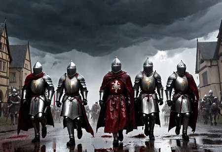 Masterpiece, DonMSt34mPXL, Realistic Lightning, Cinematic Lightning, Dark Lightning, Rain, Puddle, Clouded Sky, medieval, fantasy, pedestrians, Cape, Reflection, bloody clothes, Army.
((((army of knights) with blood on their armor and capes marching home with wounds and broken weapons. fandist background.