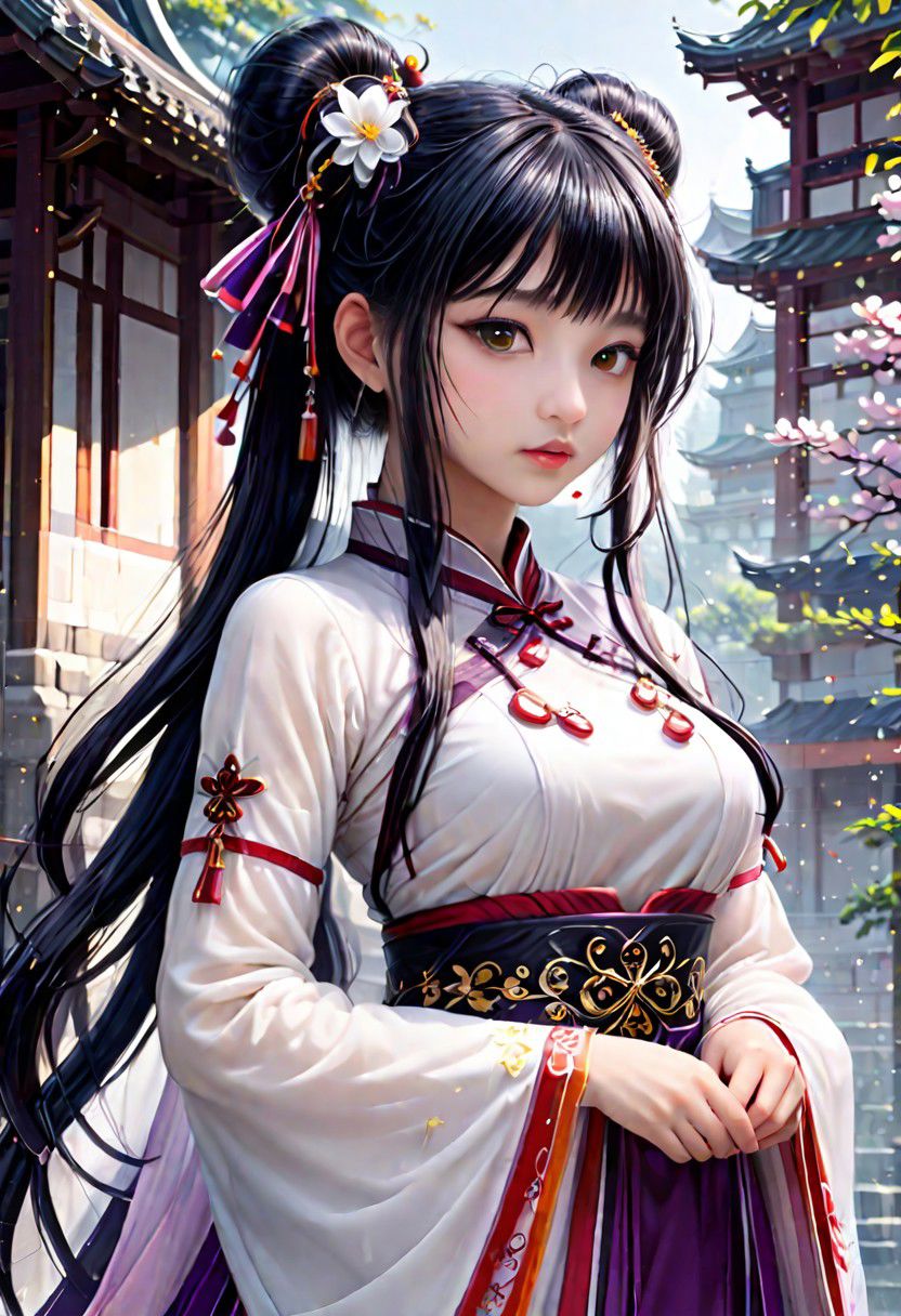 (masterpiece, best quality, ultra-detailed, best shadow), (detailed background,dark fantasy), (beautiful detailed face), high contrast, (best illumination, an extremely delicate and beautiful), ((cinematic light)), colorful, hyper detail, dramatic light, intricate details,fantasy, (1little cute girl, black ponytail hair,big orange eyes, big breasts, (translucent white hanfu:1.3), bareshoulders,navel,dynamic angle), depth of field,golden light particles,(broken purple glass),magic circle,multi-color eyes, hyper detailed, highly detailed, beautiful, small details, ultra detailed, best quality, 4k, (good anatomy)