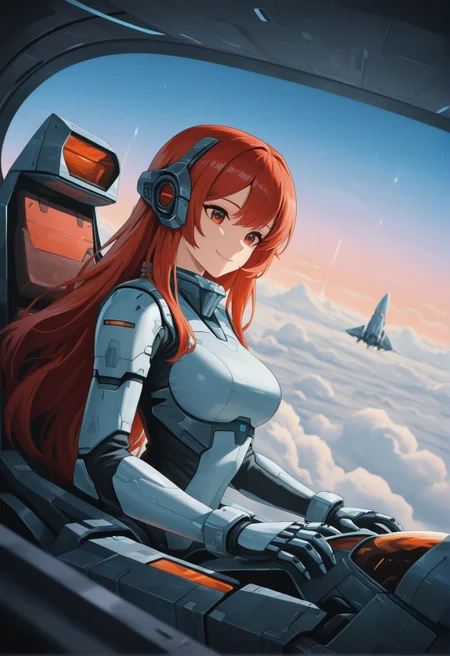 <lora:ck-70s-scifi-IL-000013:1>, masterpiece, best quality, good quality, very aesthetic, absurdres, newest, 8K, depth of field, focused subject,
science-fiction, 1girl, sci-fi, fyling, inside cockpit, spaceship, above clouds, smile, long hair, dynamic angle,
in the style of ck70scf,